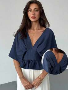 Blusa de manga de murciélago de unicolor elegante para mujer, de verano - Azul marino - Ver 1