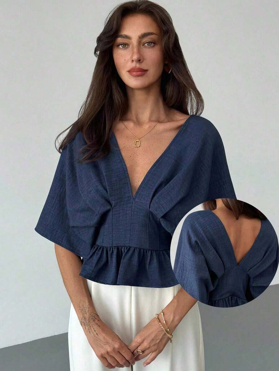 Blusa de manga de murciélago de unicolor elegante para mujer, de verano - Azul marino - Ver 1