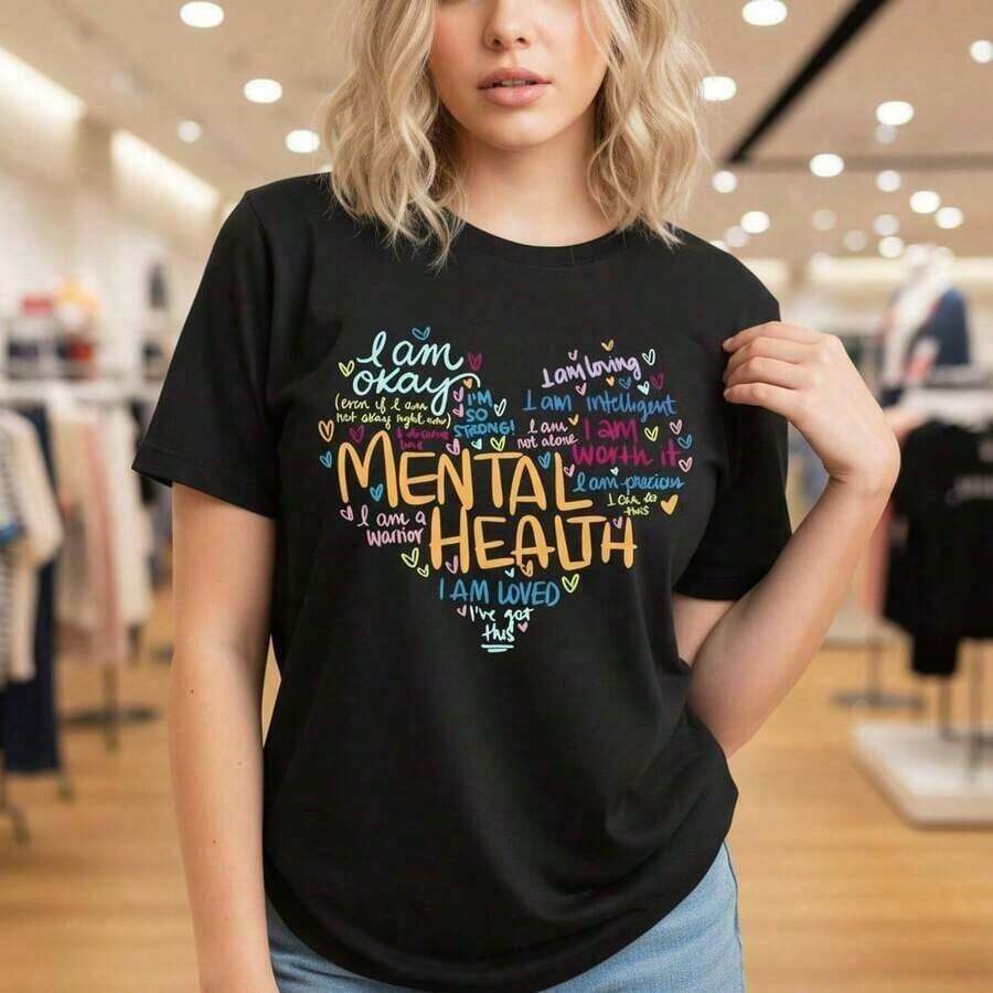 Women's Mental Health Awareness Graphic T-Shirt - Casual Short Sleeve Cotton Tee With Positive Affirmations Print, Sizes S-3XL - 黑色 - 查看 1