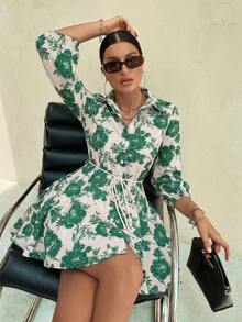 GENKIRA Vestido camisero con estampado todo sobre y cinturón, atuendos de trabajo y vacaciones para mujer - Verde - Ver 7