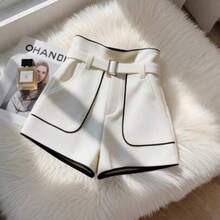 Women's Fashionable & Elegant Waist Belted Colorblock Pockets Minimalist High-End Versatile Wide Leg Shorts, Spring/Summer - Albaricoque - Ver 1