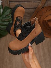 Mira Footwear 女款蕾絲拼接圓頭後拉鍊復古棕色網面透氣靴 波西米亞風 適合戶外、節慶與日常穿著 全季節新款時尚百搭增高短靴 隨機圖案 - 棕色 - 查看 5