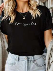 Camiseta de manga corta con estampado de Los Ángeles para mujer| Casual, Cuello Redondo, Negro, Patrón Geométrico, Bloques de Color, Corte Regular - Negro - Ver 7