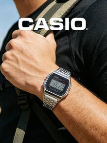 Reloj digital cuadrado para hombres Casio, correa de acero inoxidable, movimiento de cuarzo, multifunción resistente al agua, regalo para hombres A159W-N1 - Negro - Ver 2