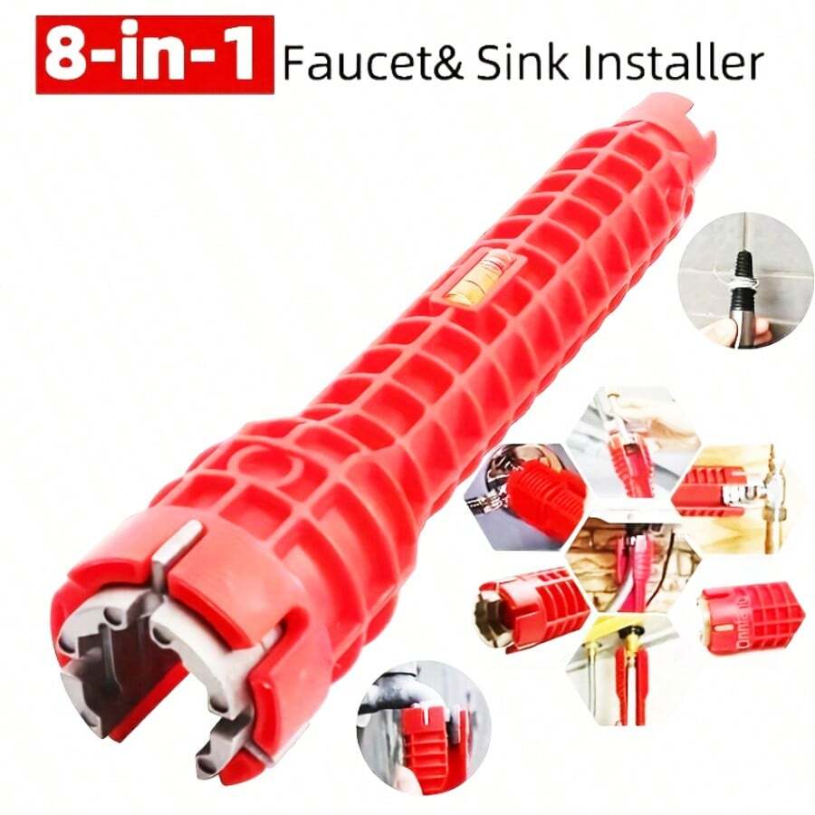 1 Set Llave multifuncional de 8 en 1 - Herramienta de instalación y reparación antideslizante para fregaderos de baño y cocina, material de plástico duradero, accesorio de plomería esencial, diseño ergonómico para la instalación de grifos - Llave para fregadero (con cinta de teflón) - Ver 1