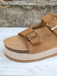 Adjustable Women's Woven Straw Pattern Sandals, Women's Double Strap Buckle Back Strap Open Toe Thick Bottom Casual Shoes, Wedge Heels - Brown Velvet - View 5