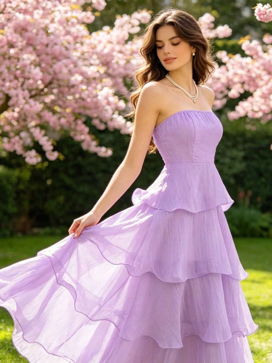 Vestido midi elegante para fiesta, sin tirantes, volantes, falda pastel, perfecto para verano y vacaciones - Morado - Ver 1