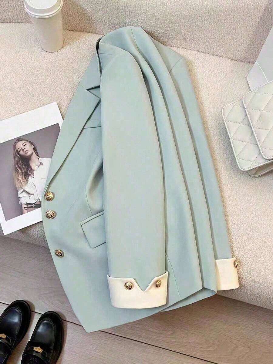 Blazer casual con cuello de solapa y botones para mujer, primavera - Verde - Ver 1