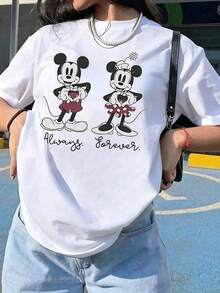 Unisex Disney Mickey & Minnie Love Tee, Cute Print, Casual Fit, Perfect For Couples. - 白色 - 查看 3