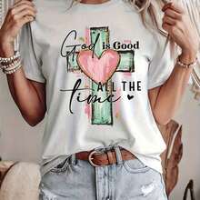 Camiseta para Mujer con Estampado de Letra "C" y Texto Dorado, Manga Corta - Blanco - Ver 1