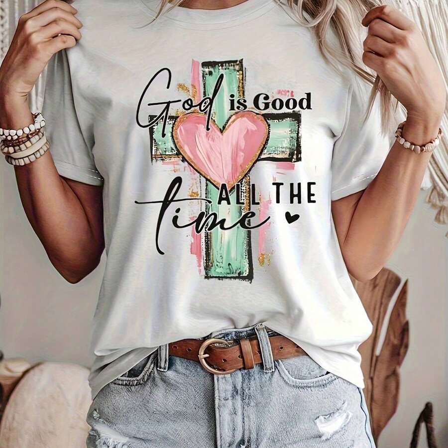 Camiseta para Mujer con Estampado de Letra "C" y Texto Dorado, Manga Corta - Blanco - Ver 1