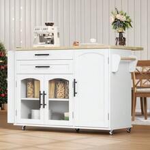 Mobile Kitchen Island With Folding Worktop, Kitchen Trolley, 5 Wheels, Multiple Storage Compartments, Spice Rack, Cutlery Drawer, 120 X 45 (70) X 90 Cm - White - View 7