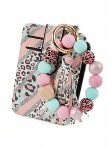 1pc Fashionable Leopard Print PU Leather Wallet, Silicone Bead Bracelet Wrist Chain Keychain, Accessory Mother's Day Gift - Multicolor - View 9