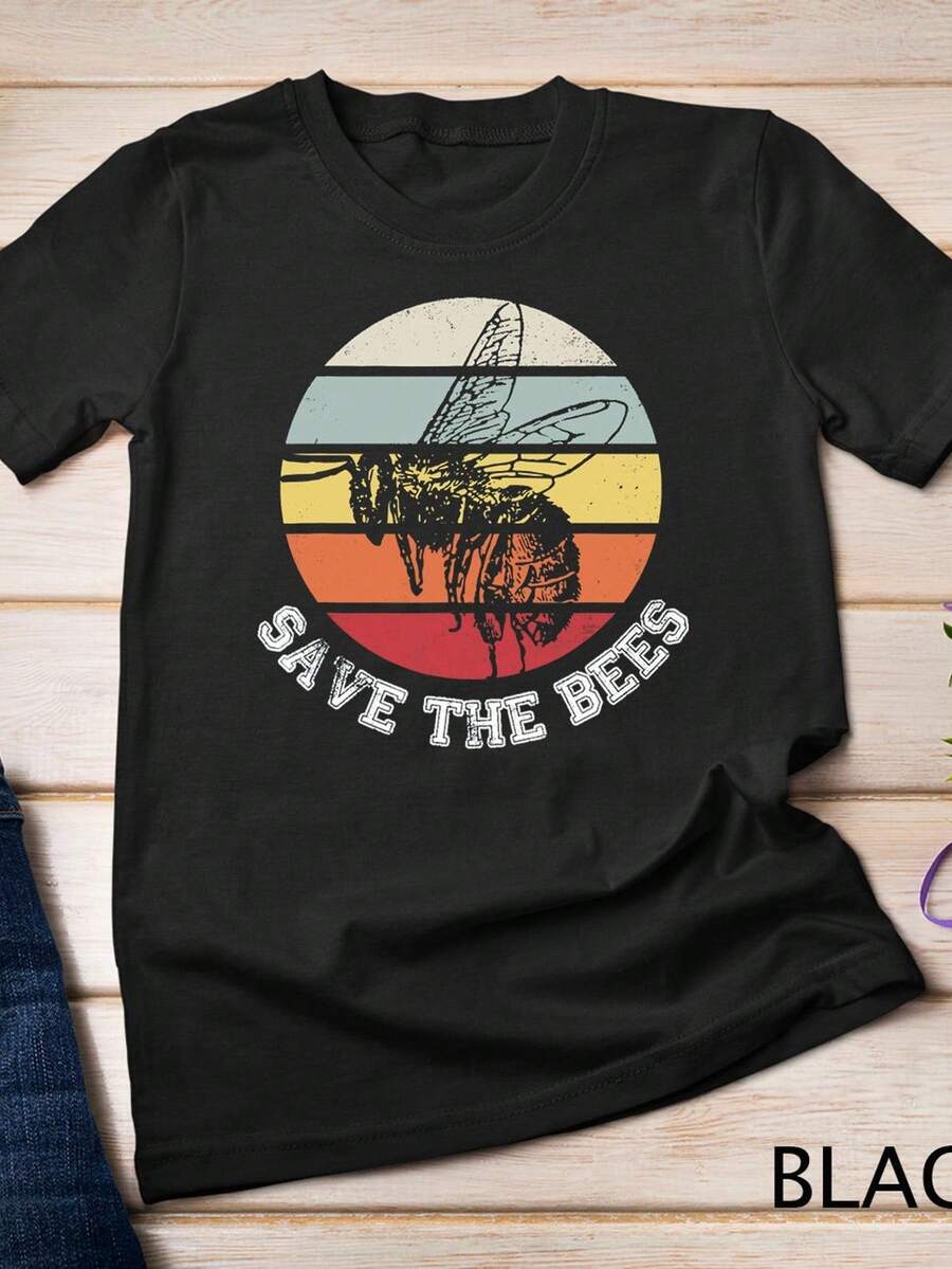 DiS1tressed Save The Bees Lovers T-Shirt For Beekeepers. Unisex 220g Pure Cotton T-Shirt/Sweatshirt. Ideal Weight For All Seasons, Suitable For Men And Women. Durable, High-Quality Fabric That Is Soft To The Touch And Long-Lasting. Breathable Top. Suitable For Women's Spring And Summer, Holidays, Mother's Day, And Independence Day. - 黑色 - 查看 1