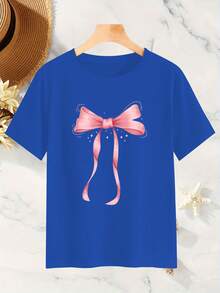 Women's Pure Cotton T-Shirt With Bow Design - Pink Bow Print, Casual And Modern Style, Loose Round Neck, Short Sleeves, Summer And Spring Style, Loose Top, Sexy, Sweet And Cute For Women, Elegant And Simple Design, Fashionable T-Shirt, Non-Transparent Material, Easy To Care For, Versatile Design. - 藍色 - 查看 2