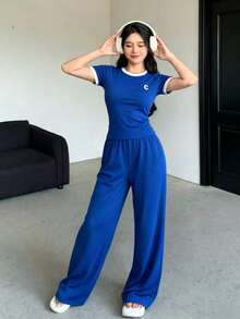 Regalo hasta agotar existencias, Set de 2 piezas de camiseta de cuello redondo holgada con estampado de letras y pantalones con cordón para mujer - Azul Marino - Ver 3