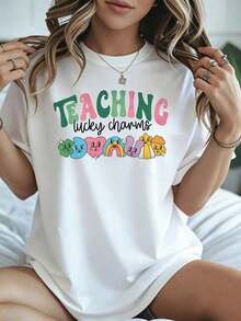 Camiseta de Enseñanza con Amuletos de la Suerte para el Día de San Patricio, con Personajes de Arcoíris y Malvavisco, Ropa Casual Negra para Maestros, Primavera Verano - Blanco - Ver 8