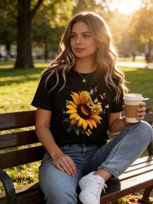 Solt - Camiseta de Cuello Redondo para Mujer con Estampado de Girasoles y Mariposas, Manga Corta, Estilo Casual de Verano para Uso Diario, Diseño con Personalidad - Negro - Ver 7