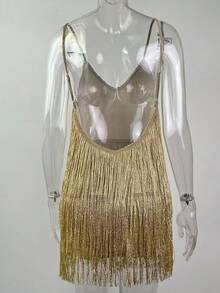 Fitted Multi-Layered Sequined And Fringed Strapless Evening Dress - Gold - View 7