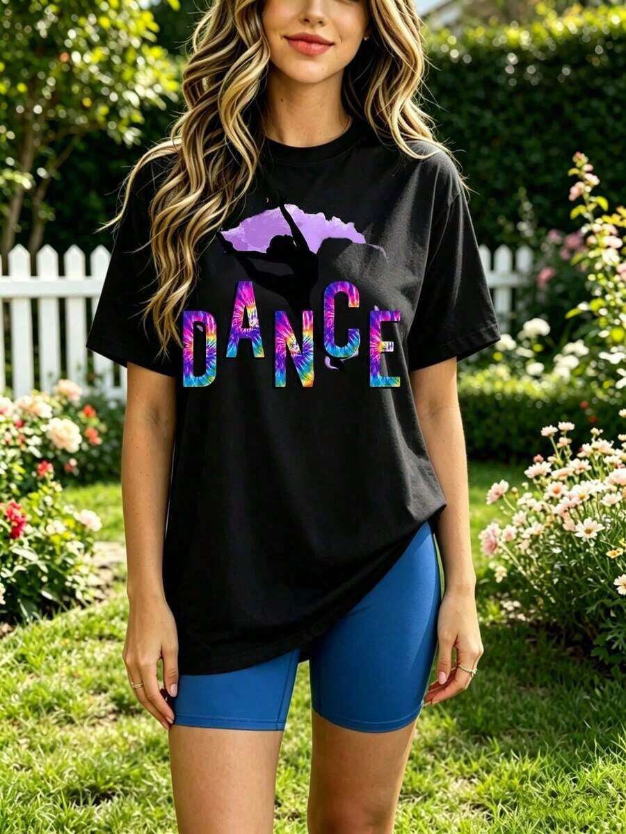 Camiseta suave 100% algodón. Camiseta de baile negra con estampado colorido de texto y silueta de baile para actividades al aire libre. Camiseta de algodón transpirable, combina con todo. Genial. - Negro - Ver 1