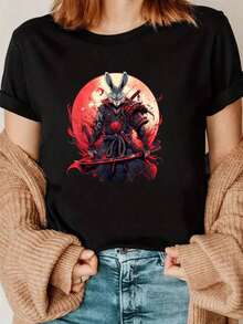 Under The Radar Women's Short Sleeve Crew Neck T-Shirt With Samurai Rabbit Print On Red Background, Anime Art Design For Women, Casual Fashion Streetwear T-Shirt, White-Vintage Street Style Unisex Loose Cotton Short Sleeve Crew Neck T-Shirt - 黑色 - 查看 7