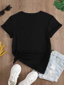 Women's Black Oversized Summer T-Shirt With "Nashville Music City" And Guitar Print. Loose-Fitting Crew Neck T-Shirt With Vintage Guitar And Rose Design. - YH404-黑色 - 查看 3