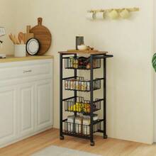 Kitchen/Serving Trolley With Worktop, 4 Extendable Steel Baskets, Rolling Office Trolley, 49.5 X 31 X 91 Cm, Oak - Black - View 7