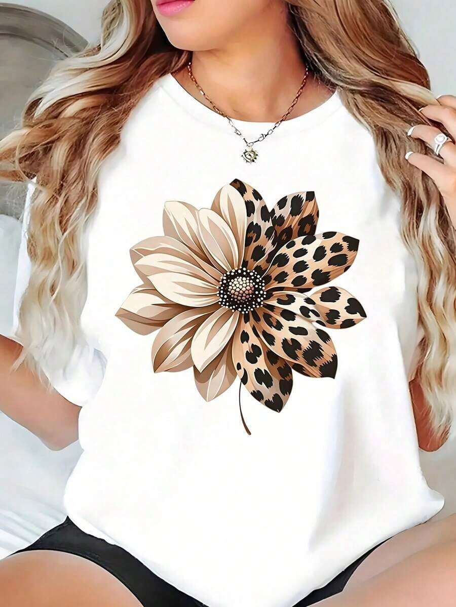 Women's White T-Shirt With Floral And Leopard Print, Short Sleeve Crew Neck Soft Casual Chic Style Animal Print Summer Fashion 2026 Blouses Pretty 100% Cotton - 白色的 - 查看 1