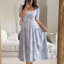 Plus Size Women's Spring/Summer French Chic Elegant Commuting Casual Beach Holiday Blue & White Floral Square Neck Cinched Waist Ruched A-Line Maxi Dress - Azul y blanco - Ver 1
