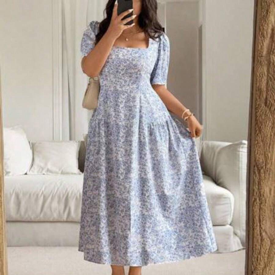 Plus Size Women's Spring/Summer French Chic Elegant Commuting Casual Beach Holiday Blue & White Floral Square Neck Cinched Waist Ruched A-Line Maxi Dress - Azul y blanco - Ver 1