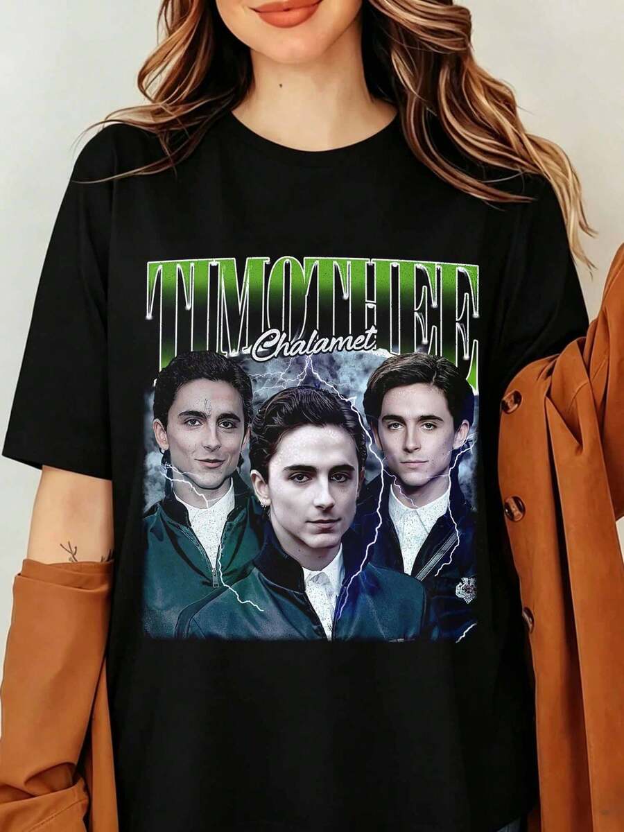 TIMOTHEE CHALAMET Vintage Portrait T-Shirt, Retro 90s Actor Graphic Tee, Aesthetic Green Lightning Celebrity Merch, Streetwear Unisex Black Cotton Short Sleeve Top - Black - View 1