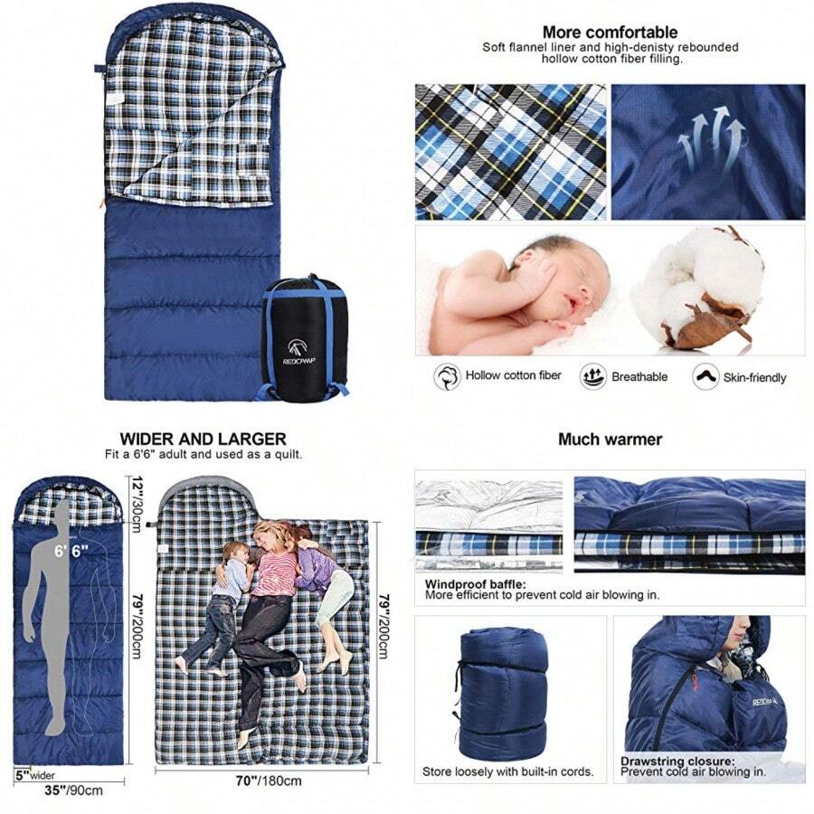 REDCAMP Saco de Dormir de Franela de algodón para Camping, Saco de Dormir cálido y cómodo con Relleno de 2/3/4 Libras - Azul - Ver 1