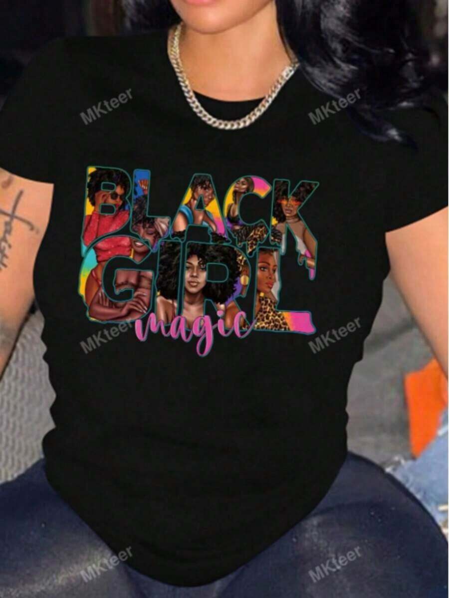 Camiseta de manga corta para mujer, casual, de punto, con cuello redondo, corte regular, con estampado gráfico mágico para uso diario, 100% algodón. - Negro - Ver 1