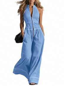 Mono nuevo para mujer, cuello mao, sin mangas, estilo casual, corte holgado, diseño favorecedor, versátil para oficina, looks de día y ocasiones informales - azul cielo - Ver 2
