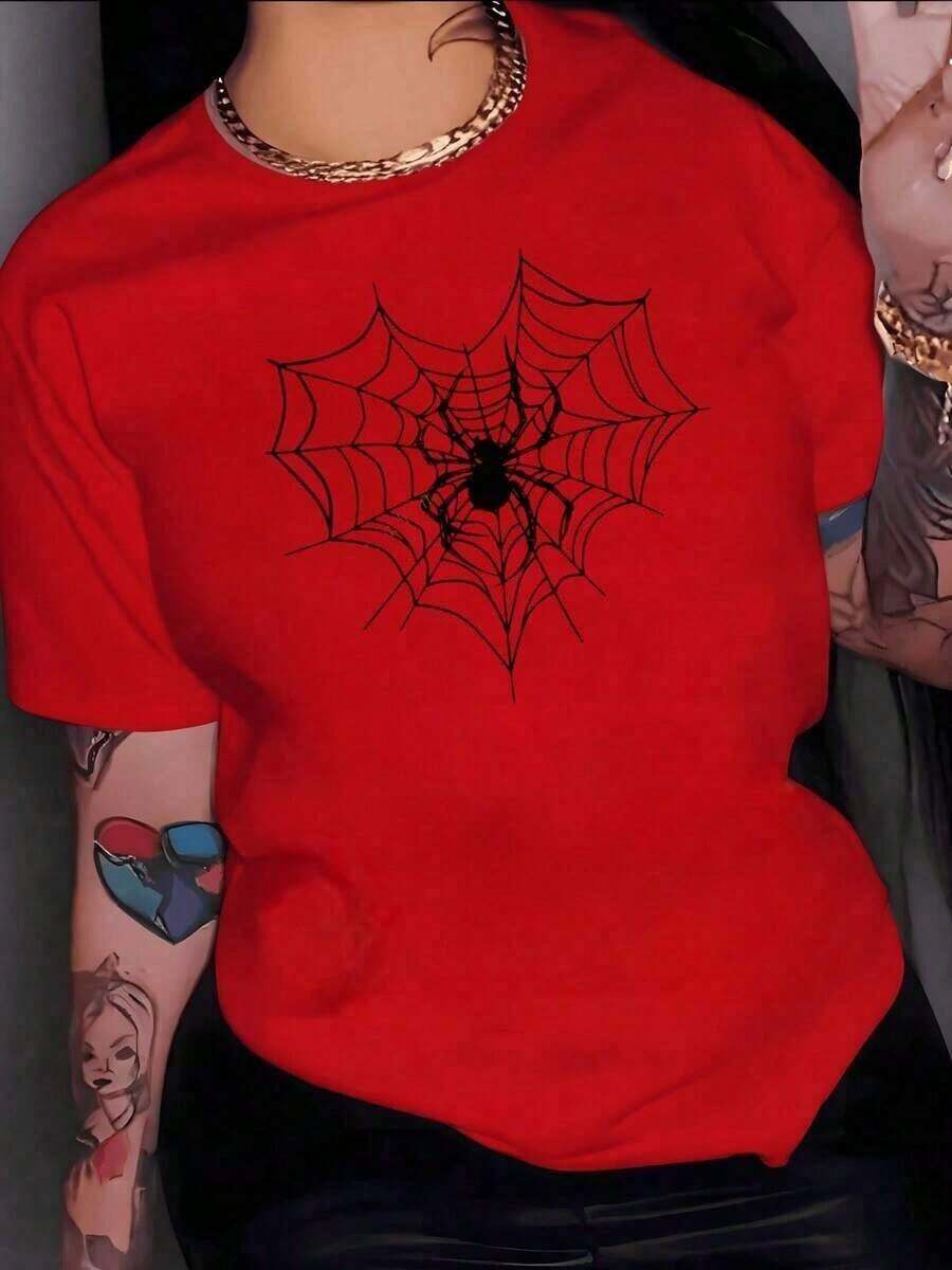 Solt Women's Loose Printed T-shirtTelaraña con araña simbolizando poder interior y conexión con la creatividad femenina recordando la paciencia del tejido universal camiseta de mujer 100% algodón casual elegantecamisas de mujer blusa graphic graphic - Rojo - Ver 1