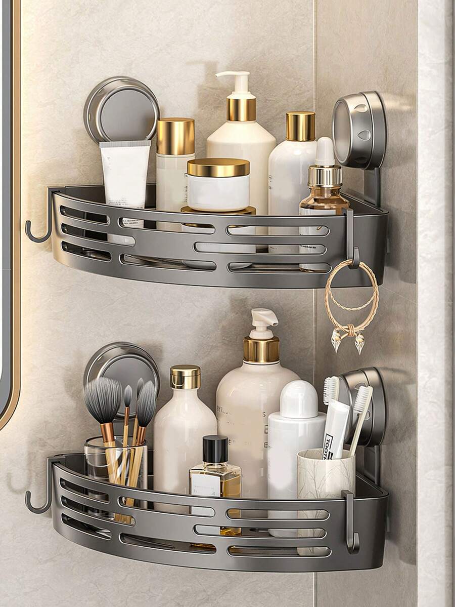 Double-Layer Suction Cup Bathroom Triangle Shelf, No Drilling Required, High Load Bearing, Suitable For Shower And Toilet Wall/Tile, Multi-Function Storage Organizer - Gray-double Layer Suit - View 1