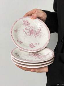 1 pieza Juego de vajilla de cerámica francesa retro rosa con relieve, que incluye plato de servir, taza de café y platillo, bol de arroz, bol de postre, vajilla, plato de cerámica, serie de taza de café y platillo, plato de postre, regalo de vacaciones/recuerdo Vuelta al colegio - Multicolor - Ver 6