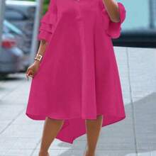 Women Solid Color Simple Casual Beach Short Sleeve Layered Ruffle Sleeve Shirt, Uneven Hem Mid-Length Dress,Graduation Dress - Rosa - Ver 1