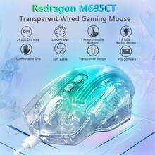Redragon 有线游戏鼠标,24,000 DPI,7 个可编程按键,2 个侧键,8 种 RGB LED 背光模式,透明外壳,炫彩游戏鼠标,白色软线 - 查看 4