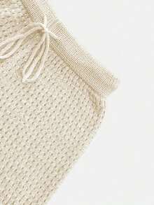 Top de manga corta con escote en V de unicolor y recortes, shorts semitransparentes con cordón y recortes, conjunto de punto para vacaciones - Albaricoque - Ver 5