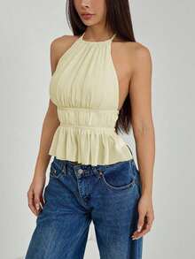 Top sin espalda con cuello de halter con pliegues y cintura con lazo para mujer - Amarillo claro - Ver 2