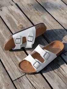 Men's Fashion Sandals With Cork Sole And Comfortable Insole, Buckle Strap Adjustable Size Slouchy Slip-On Style, Suitable For Summer Beach Outdoor Walking Unisex Slippers - White - View 7