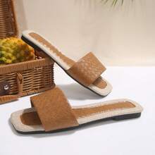 1 Pair Vacation Style Color Block Slip-On Sandals, Women's Flat Square Toe Beach Slippers, Linen Pattern Flip Flops, Versatile Summer Outdoor Wear - Brown - View 3