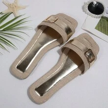 1 Pair Vacation Style Color Block Slip-On Sandals, Women's Flat Square Toe Beach Slippers, Linen Pattern Flip Flops, Versatile Summer Outdoor Wear - Gold - View 7
