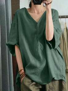Cárdigan de manga corta con cuello en V y hombros caídos de unicolor, camisa de verano - Verde - Ver 4