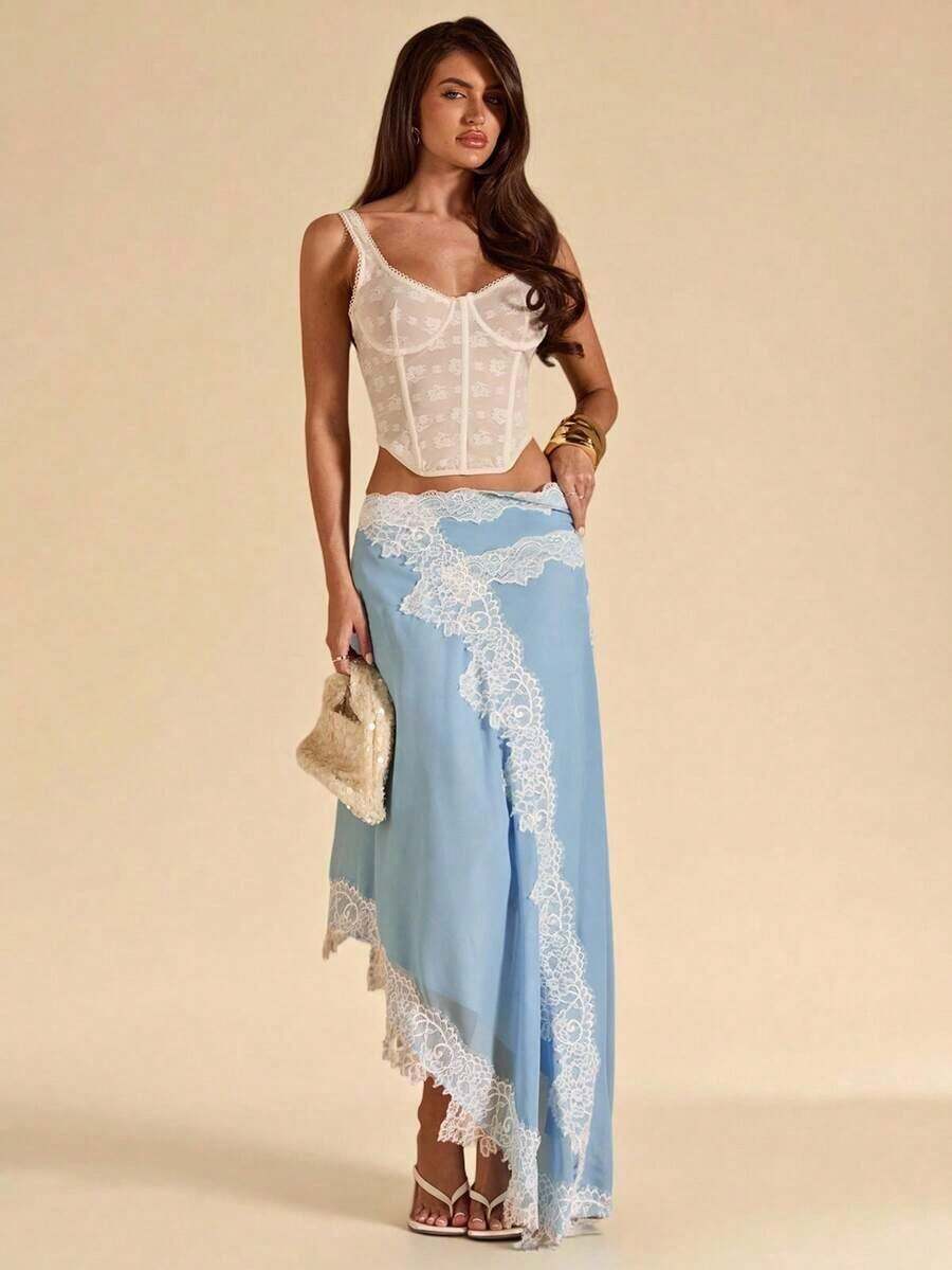 Falda de gasa con dobladillo asimétrico y ribete de encaje en color azul bebé, adecuada para vacaciones, playa, fiesta, brunch, atuendo de invitada de boda, primavera/verano - Celeste - Ver 1