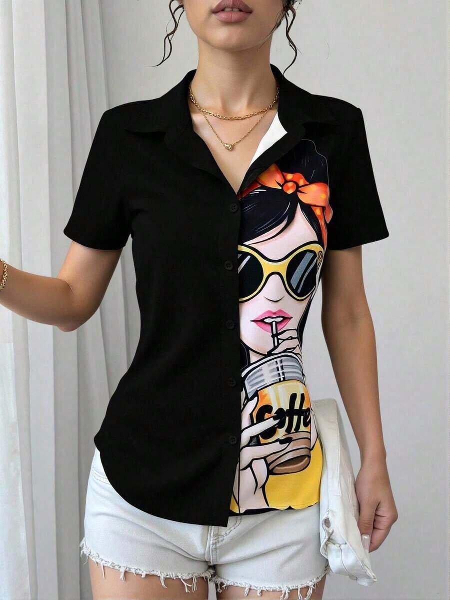 Blusa de mujer con estampado de chica de moda, manga corta y abotonadura, top de manga corta - Negro - Ver 1