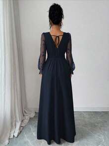 Vestido elegante de mujer con cuello en V profundo, parche de encaje, manga larga y abertura alta, adecuado para graduación, vacaciones, Día de San Valentín, festivales de música, Día de la Madre, Acción de Gracias, Pascua, Día Nacional, bailes, citas, fiestas, bodas, actividades al aire libre, primavera/verano - Azul marino - Ver 2