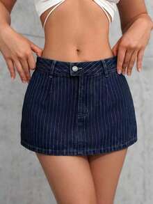 Falda mini de mezclilla lavada informal para mujer - Azul lavado oscuro 2 - Ver 4