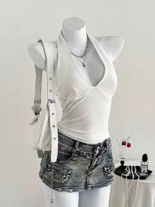 Moderno top sólido con diseño calado, cuello halter y escote en V para mujer - Blanco - Ver 5